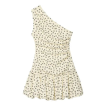 Women One Shoulder Sleeveless Polka Dot Mini Dress Ruched Waist Ruffle Hem Elegant Casual Party Short Dress Spring Summer