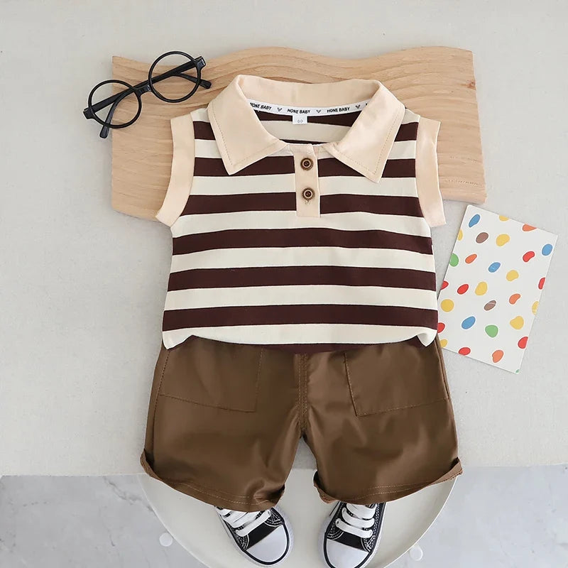 Baby Set Children's New Summer Sleeveless Striped Short-Sleeved Casual Wear Two-Piece Set for Boys