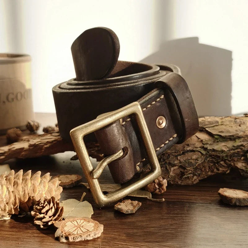 4.1CM Men High Quality Genuine Leather Belt Luxury Designer Brass Pin Buckle Belts Pure Cowskin Vintage Strap Male Jeans for Man