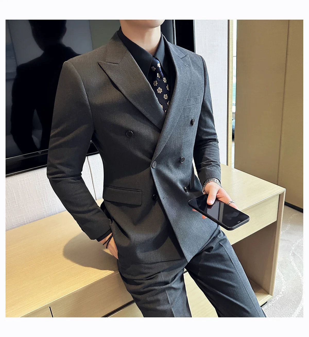 M-7XL Blazer Vest Pants High -end Brand Gray Black Men's Casual Business Double -breasted Suit Groom's Wedding Slim Men's Suit
