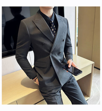 M-7XL Blazer Vest Pants High -end Brand Gray Black Men's Casual Business Double -breasted Suit Groom's Wedding Slim Men's Suit