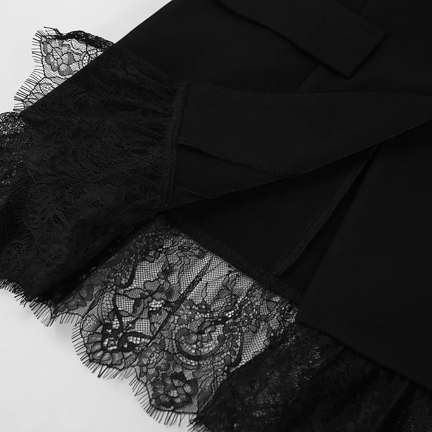 Elegant Lace Blazer Coat Women Fashion Office Lady Full Sleeve Single Breasted Jackets 2025 New Autumn Black Casual Slim Coats