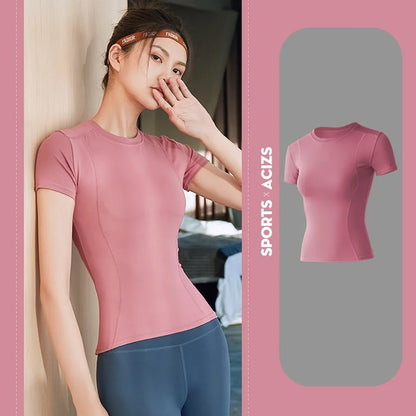 Women's Sports Fitness Clothing Slim Running Sweat Absorbing Skinny Yoga Clothes Quick Drying Clothes Short Sleeved T-shirt