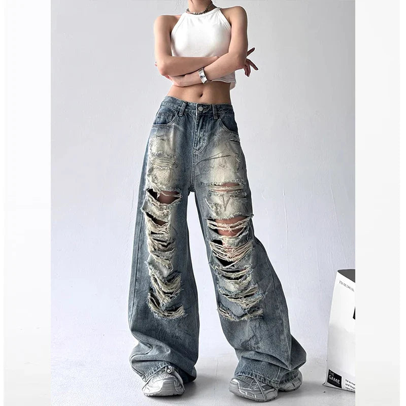 American Sle Trendy Girl Destroyed Denim Jeans Women Loose Wide Leg Straight Cut Floor-Length Pants High Waist Casual Jeans