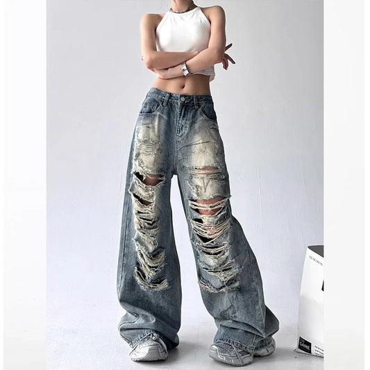American Sle Trendy Girl Destroyed Denim Jeans Women Loose Wide Leg Straight Cut Floor-Length Pants High Waist Casual Jeans
