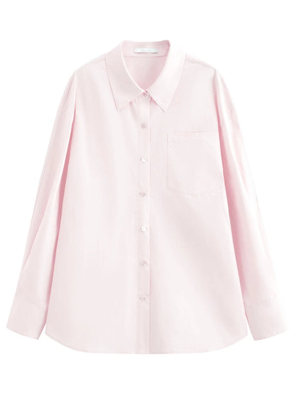 Women's French Loose Fit Cotton Shirt Long Sleeve Layering Top with Web Strap Detail Casual Oversized Blouse