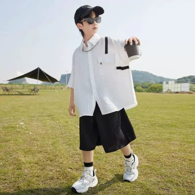 Summer Short-sleeved Shirt 8 To 10 Year Old Boy Clothes Child Sets Boys Clothing 7 Years Children's From 4 Korean Kids Cotton 14