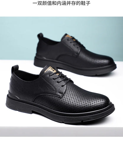 Summer Autumn New Low Top Cow Leather Shoes for Men Hallow Lace Designer Platform Shoes Male Fashion Business Casual Shoe Man