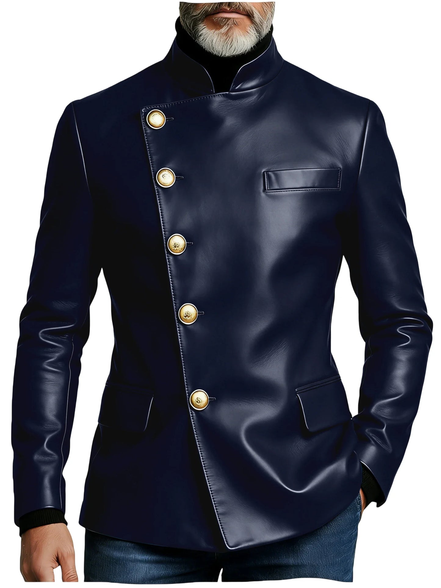 Vintage Men's PU Leather Blazer Slim Fit Double Breasted Stand Collar Jacket Gold Button Business Casual Wedding Prom Suit Coat