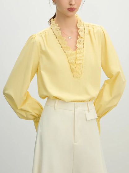 Office Lady French Lace V-neck Shirt for Women 2025 New Loose Flared Sleeve Top Casual Loose Women Tops 25FS11264