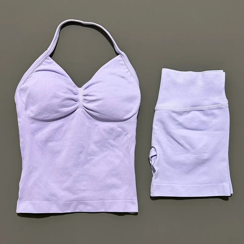 No Logo 2 Pies Sports Set Women Backless Tank Yoga Tops High Waist Scrunch Seamless Shorts Sport Gym Set Sportswear Workout Set