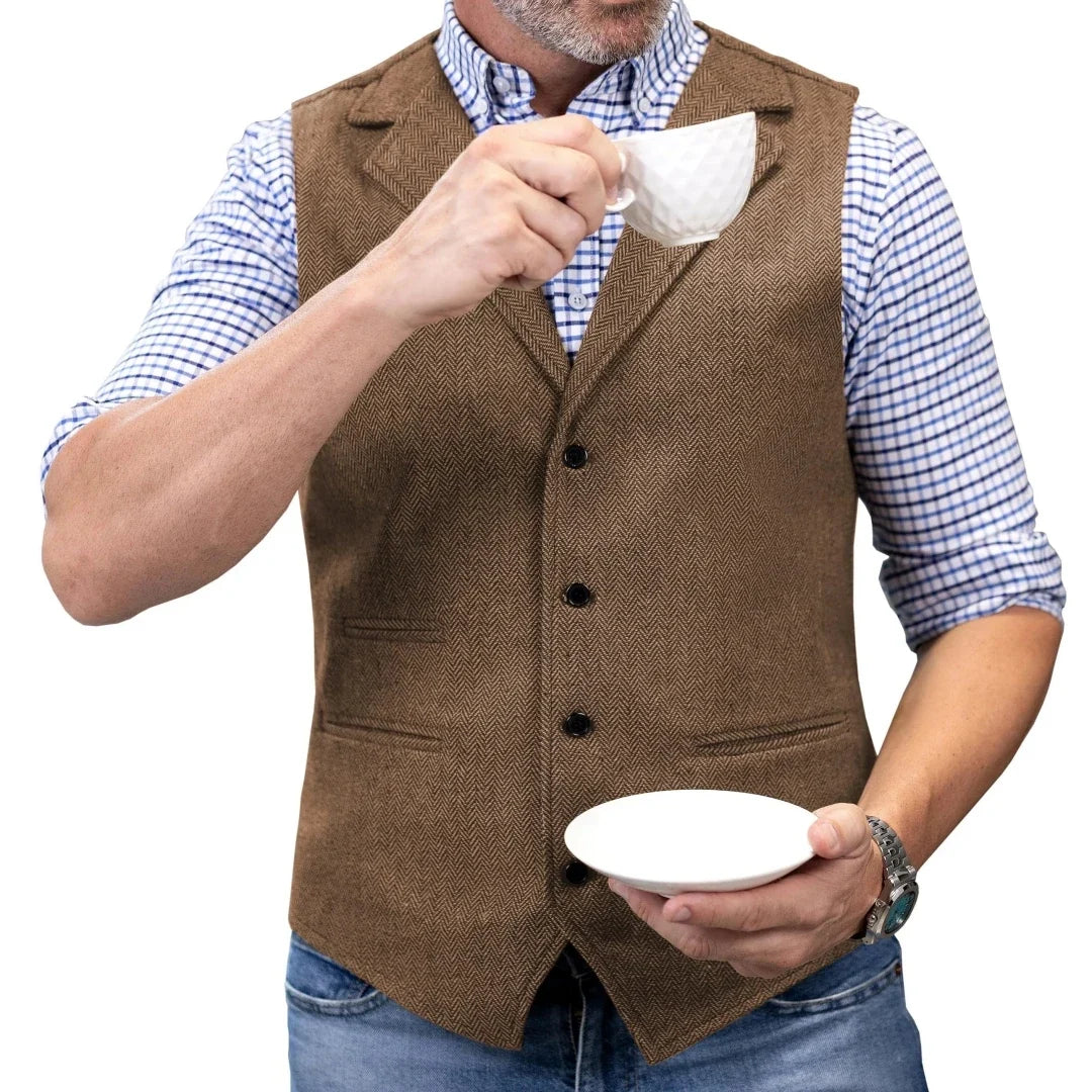 Men Vest Brown Herringbone Single Button With Lapel Waistcoat For Wedding Party Banquet Prom Business Work Casual Daily Men Vest