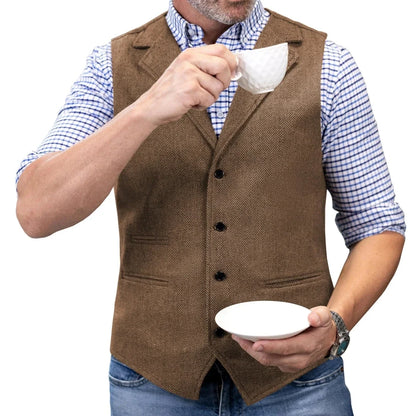 Men Vest Brown Herringbone Single Button With Lapel Waistcoat For Wedding Party Banquet Prom Business Work Casual Daily Men Vest