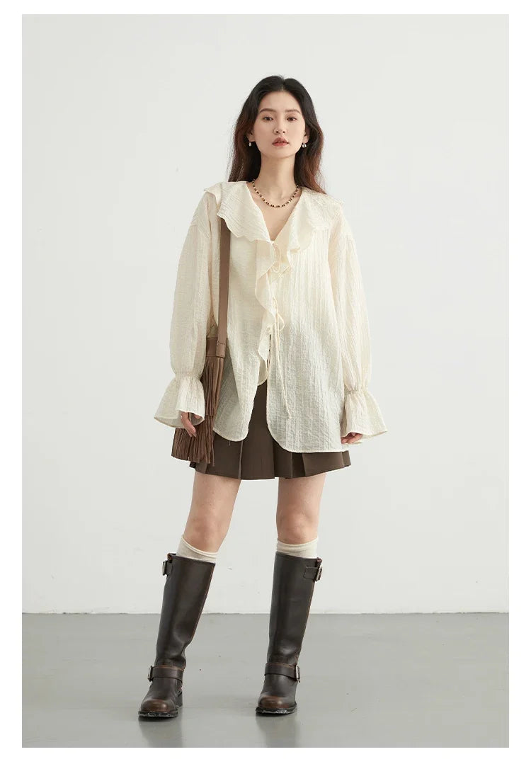 Women Shirt Loose Casual Ruffled Edges Female Blouses Solid V Neck Lace Up Mid Length Ladies Shirts Spring Summer 2026