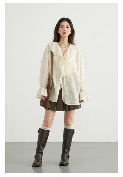 Women Shirt Loose Casual Ruffled Edges Female Blouses Solid V Neck Lace Up Mid Length Ladies Shirts Spring Summer 2026