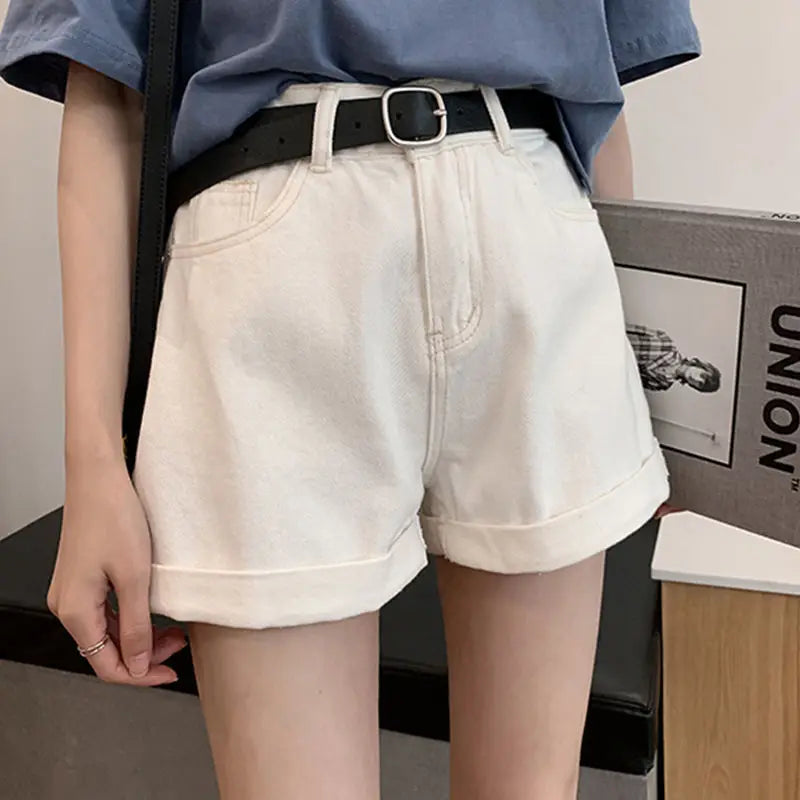 Women's Denim Shorts Wide With Belt High Waist Female Short Jeans Pants Trend 2025 New In Offer Aesthetic Hot Elasticty Outfits