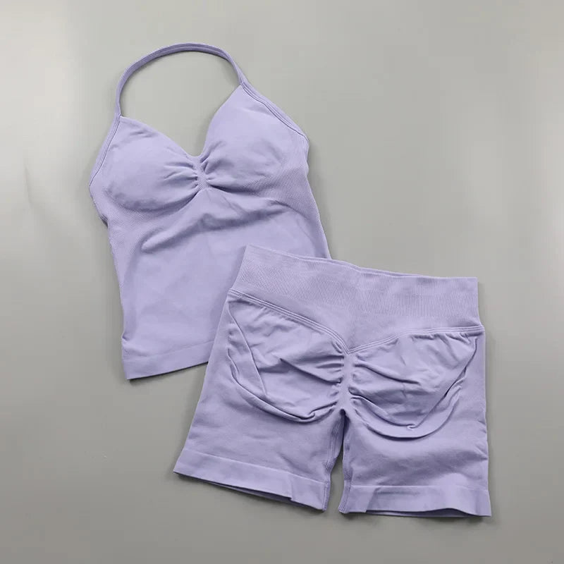 Yoga Longline Strappy Top Leggings Set Women's Backless Camisole Built-In bra Vest High-Waisted Hip Lift Gym Shorts Sports Set