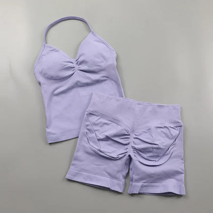 Yoga Longline Strappy Top Leggings Set Women's Backless Camisole Built-In bra Vest High-Waisted Hip Lift Gym Shorts Sports Set