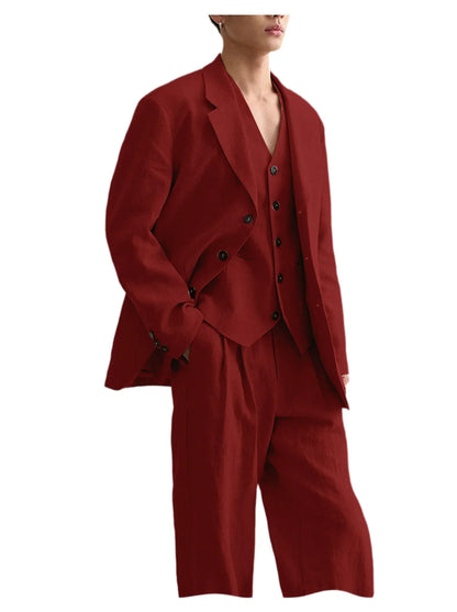 Men's Linen Suit Classic Notch Lapel 3 piece(Blazer+Vest+Pants)Breathable Wide Leg Trousers for Groom Spring Summer Party