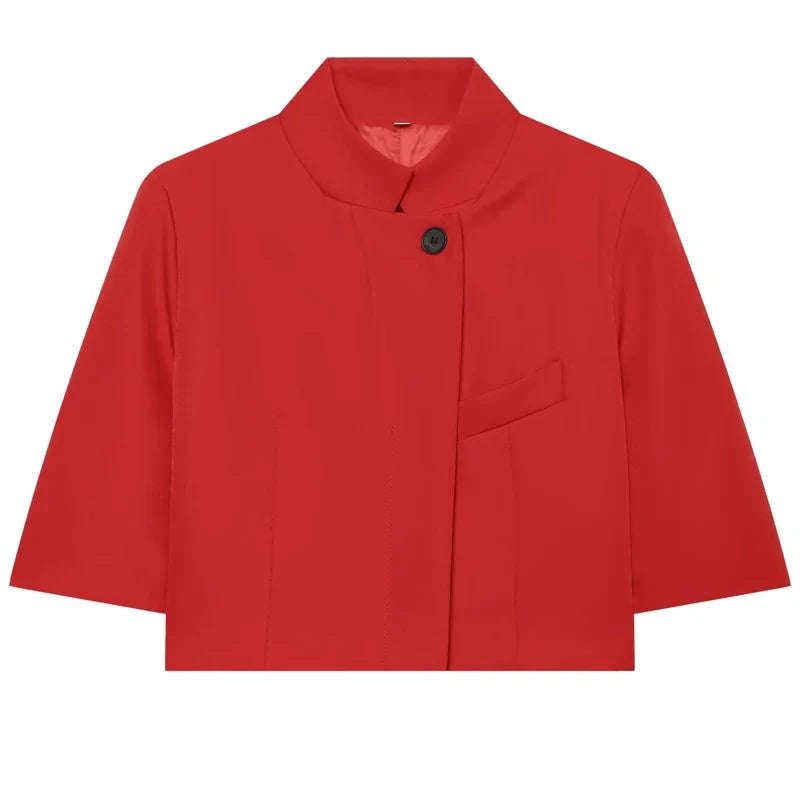 Women's Asymmetric Crop White Blazer Summer 2026 Casual Button Short Sleeve Blazer For Women Fashion Outerwears Suit Jacket