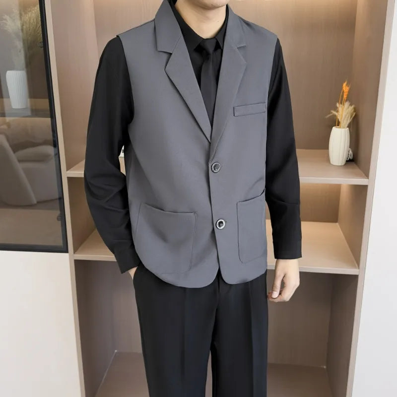 Summer Suit Vest Turn Down Collar Single-breasted Male Waist Sleeveless Pocket Versatile Business Casual Man Coat