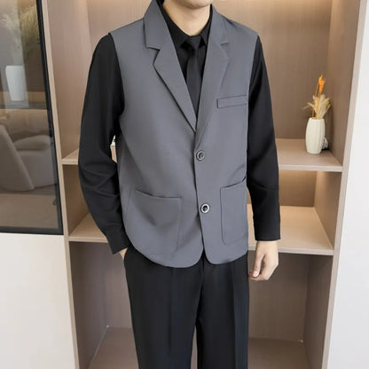 Summer Suit Vest Turn Down Collar Single-breasted Male Waist Sleeveless Pocket Versatile Business Casual Man Coat