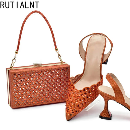 Latest Orange Designer Shoe and Bag Sets From Italy Shoe Woman Summer 2025 Wedding Fashion Party Shoes and Bag Match for Women