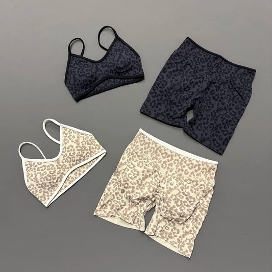 2 Pieces Leopard Print Sports Set Women Seamless Yoga Bra & High Waist Scrunch Butt Shorts Gym Workout Slim Fit Outfit