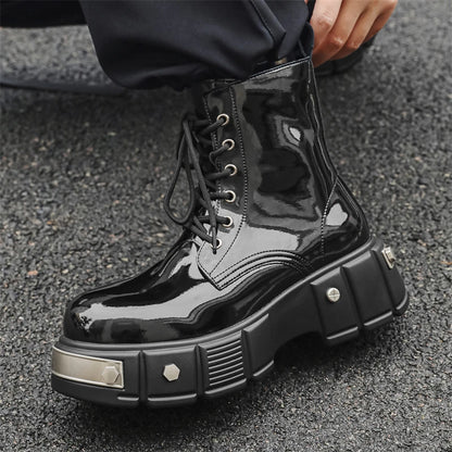 New Men Goth Platform Boots Fashion Rivet Lace Up Punk Wedges Chunky Heels Men Boots Party Street Patent Leather Men Shoes