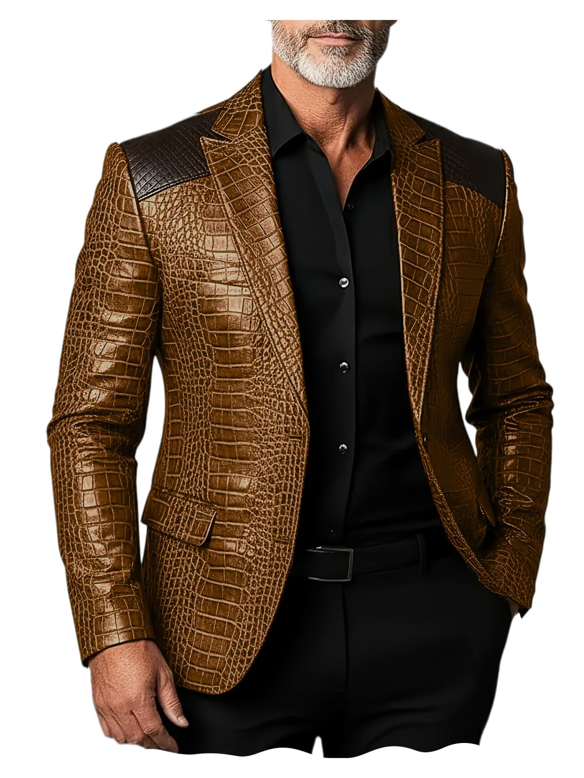 Men's Crocodile Pattern Leather Blazer Patchwork PU Leather Suit Jacket Notched Lapel Slim Fit Business Casual Coat Outerwear