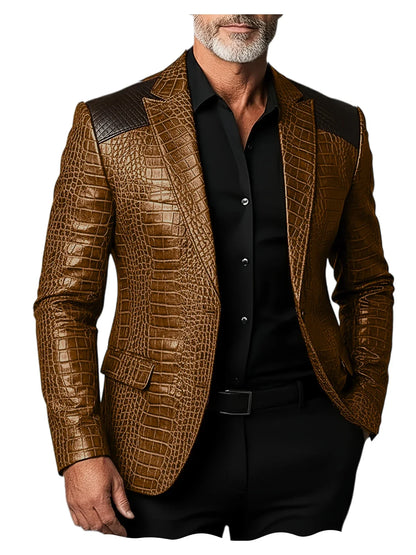 Men's Crocodile Pattern Leather Blazer Patchwork PU Leather Suit Jacket Notched Lapel Slim Fit Business Casual Coat Outerwear