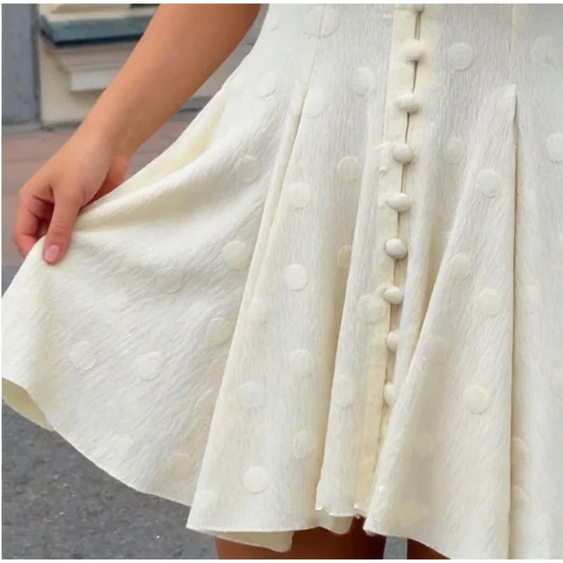 Elegant Solid Polka Dot Dress Women Sexy Deep V Neck Puff Sleeve Waist-cinching Mini  A-line Dresses 2026 Summer Lady Party Robe