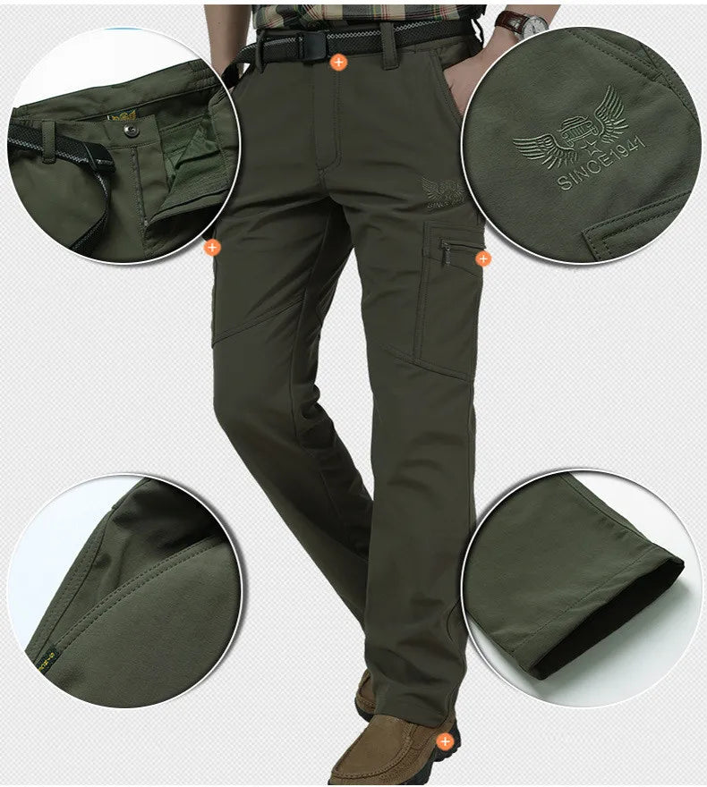 Thick Warm Cargo Stretch Pants Men Autumn Winter Hunting SoftShell Casual Fleece Pants Tactical Trousers  Waterproof Pants Men
