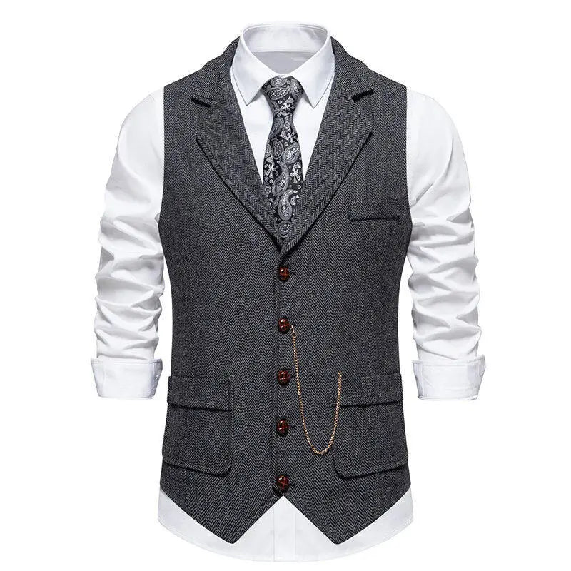 Man Suit Vest British Style Turn Down Collar Male Waistcoat Vintage Single-breasted Business Casual Men Coat Vest