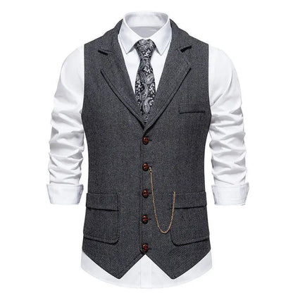 Man Suit Vest British Style Turn Down Collar Male Waistcoat Vintage Single-breasted Business Casual Men Coat Vest