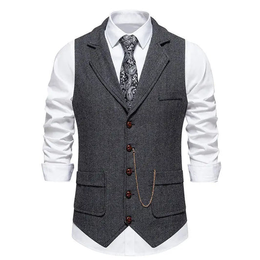 Man Suit Vest British Style Turn Down Collar Male Waistcoat Vintage Single-breasted Business Casual Men Coat Vest