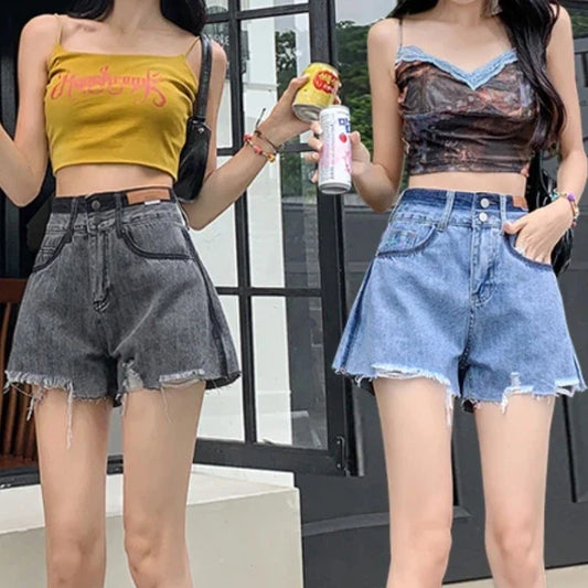 High Waist Slimming Color Block Denim Shorts Women Summer Thin New Small Size Wide Leg A-Line Shorts Korean Y2K Style