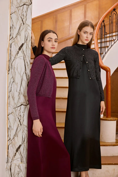 AP Women 2026 Autumn and Winter Modal Shirt and O Neck Acetate Satin Maxi Dress Lurex Cardigan High Quality Lady Clothing