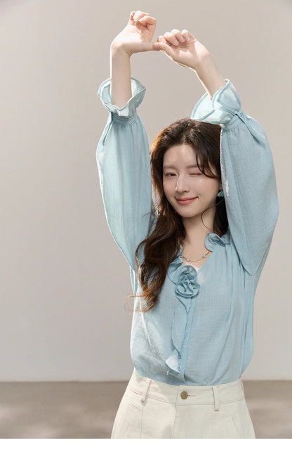 Women's Asymmetric Ruffled V-neck Shirt Spring Light Blue Floral Applique Ruffle Cuffs Top Elegant Loose Shirt MXF14C2448