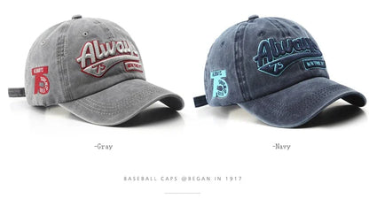 2025 Spring/Summer Unisex Cotton Baseball Cap Vintage Washed with Alphabet  ALWAYS Embroidery - Hip-Hop Inspired Snapback Design