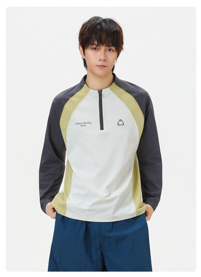 Men's Retro Colorblock Raglan Sleeve Long Sleeve T-Shirt – Loose Fit Half-Zip Athletic Top with Moisture-Wicking Fabric