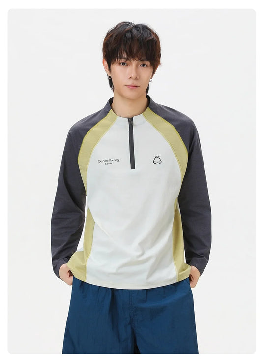 Men's Retro Colorblock Raglan Sleeve Long Sleeve T-Shirt – Loose Fit Half-Zip Athletic Top with Moisture-Wicking Fabric