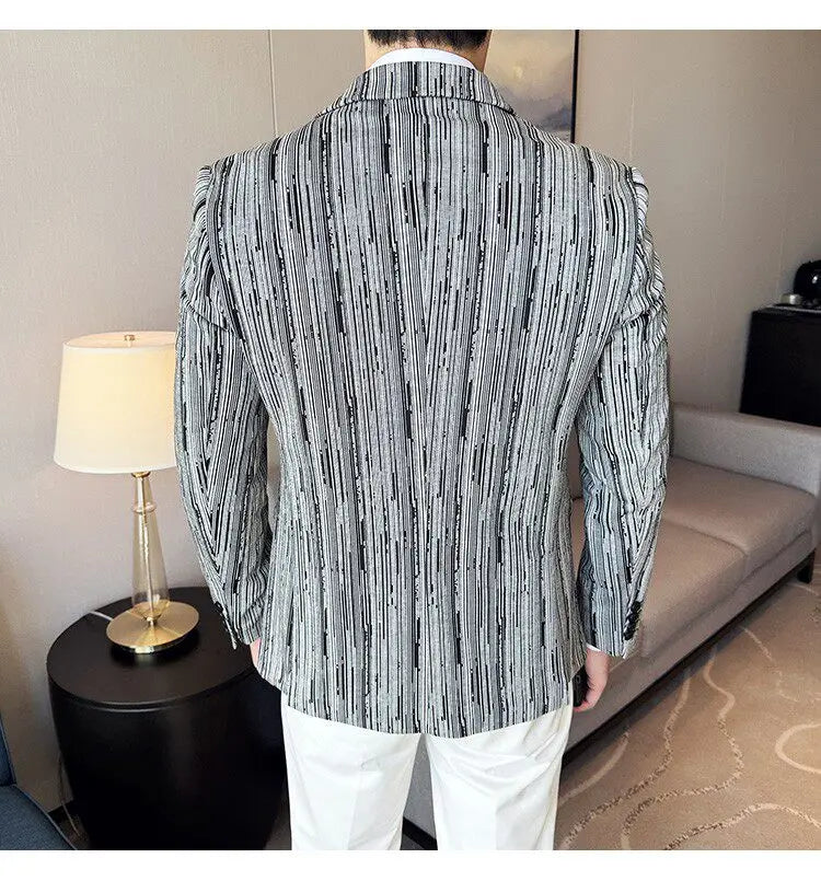 Fashion Meteor Line Checkered Elegant Suit Jacket Men Fashion De Luxe Business Slim Fit Single Breasted Social Party Dress Coats