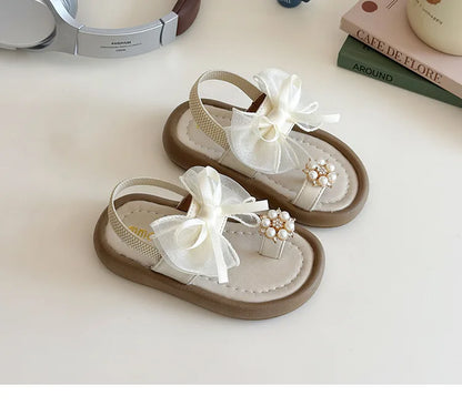 Brand Designer Ribbons Sandals for Girls Beaded Flip Flop Evening Party Dress Shoes Tulle Bow-tie Child Shoes Girl Sandal I06034