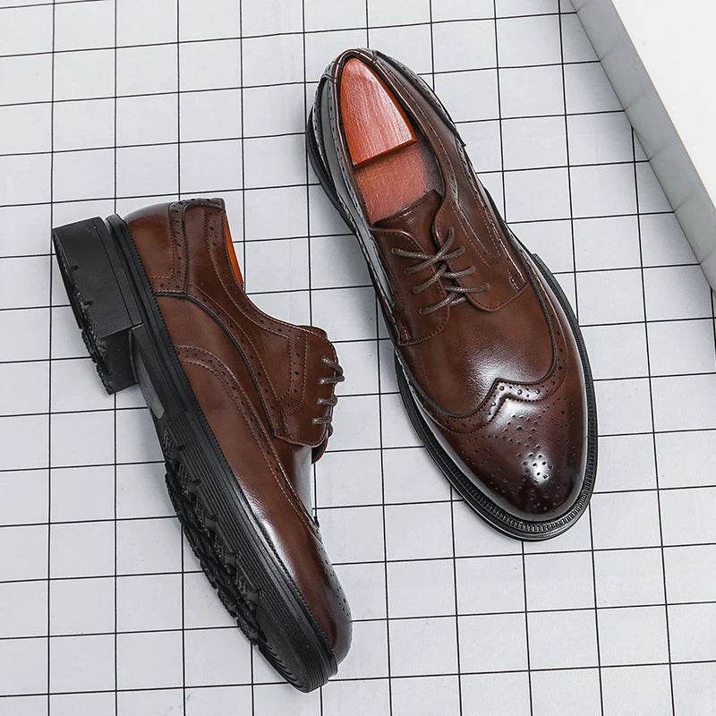 Men's Leather Brogue Oxford Dress Shoes Formal Business Handmade Classic 2026 Brown Black Chaussure Homme