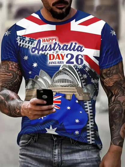 Men's Australia Flag Graphic T-Shirt New In Happy Australia Day Digital Print Tshirts Casual Short Sleeve Crew Neck Tee Shirts
