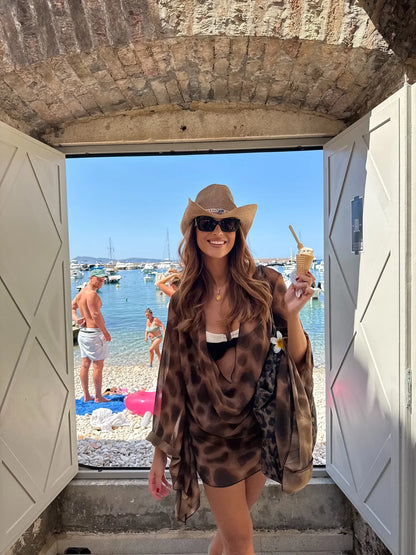 2025 Autumn Fashion Street Style Sexy Low-Cut Plunging Neckline Leopard Printed Flare Sleeve Women Beach Vacation Mini Dress C95
