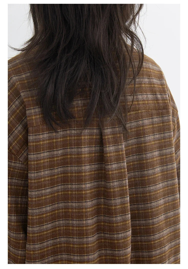 New Women Shirt Loose Casual Long Sleeved Vintage Thick Sanding Female Plaid Blouses Single-breasted Autumn Winter 2026