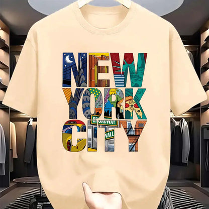 Summer men's 100% pure cotton casual loose fit plus size New York City printed comfortable round neck short sleeved T-shirt top