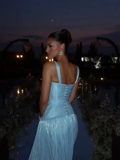 A-line Shiny Satin Arab Prom Dresses V-neck Sleeveless Evening Party Gown Dubai Long Dress Robes De Soirée Customized